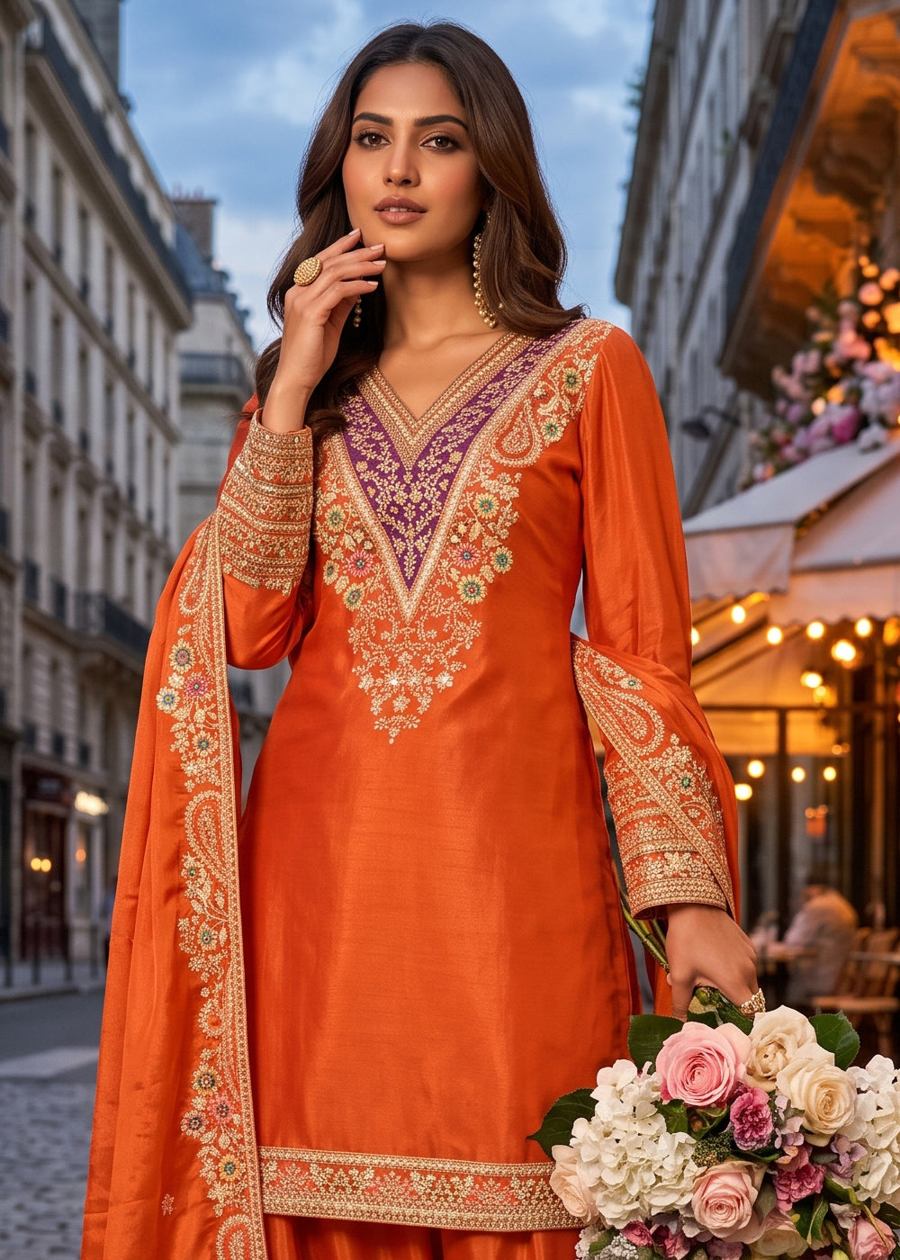 Pumpkin Orange Chinon Silk Palazzo Suit with Floral Thread Detailing