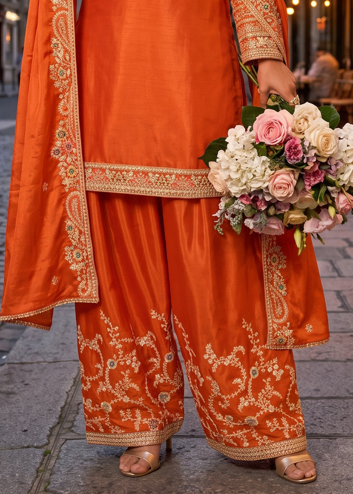 Pumpkin Orange Chinon Silk Palazzo Suit with Floral Thread Detailing
