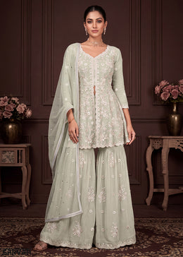 Sage Green Georgette Peplum Gharara Suit Set with Ivory Floral Zari Embroidery