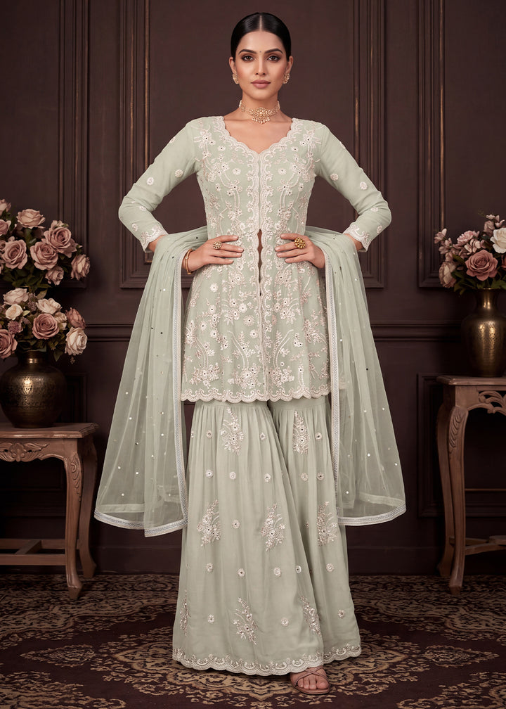 Sage Green Georgette Peplum Gharara Suit Set with Ivory Floral Zari Embroidery