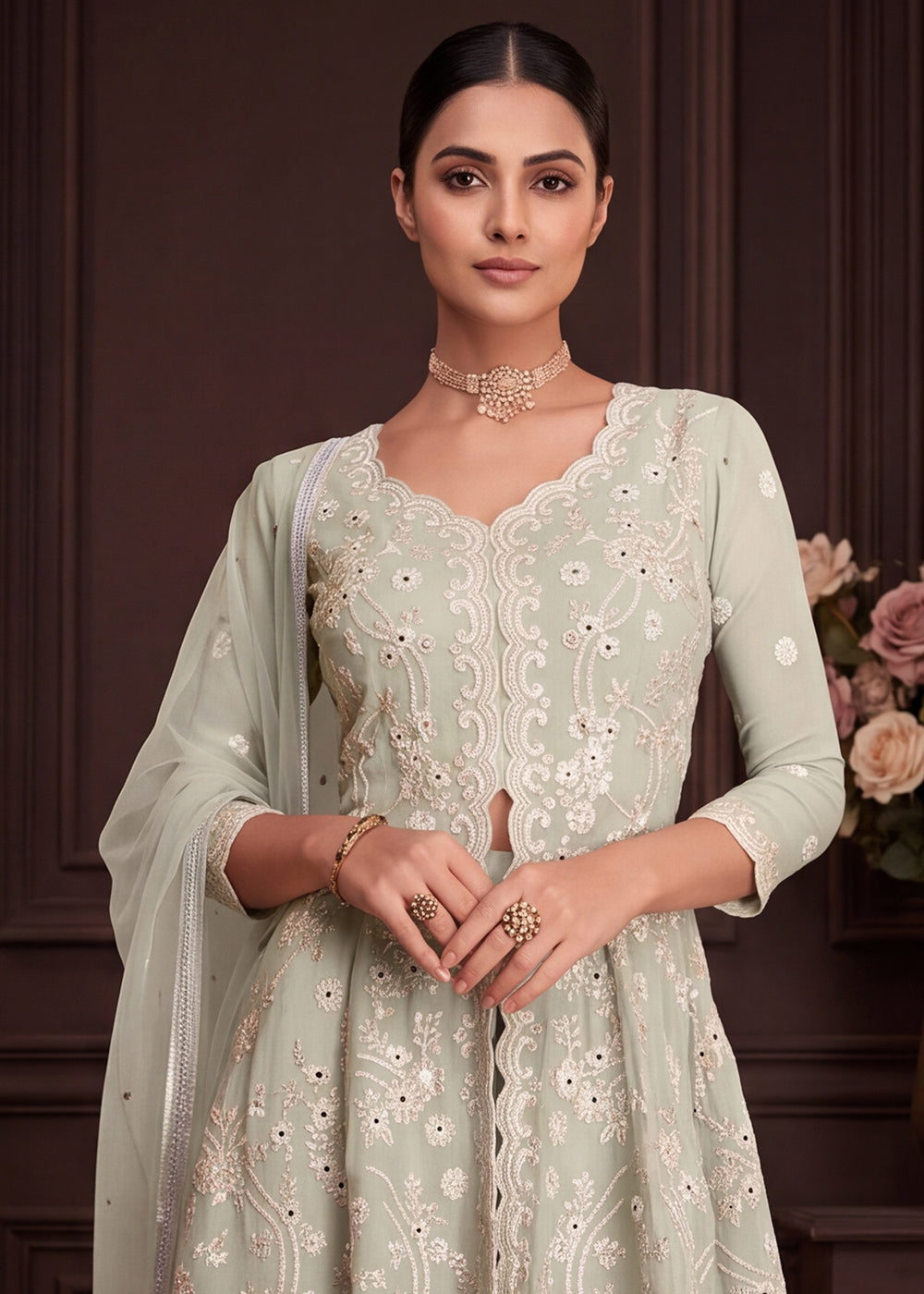 Sage Green Georgette Peplum Gharara Suit Set with Ivory Floral Zari Embroidery