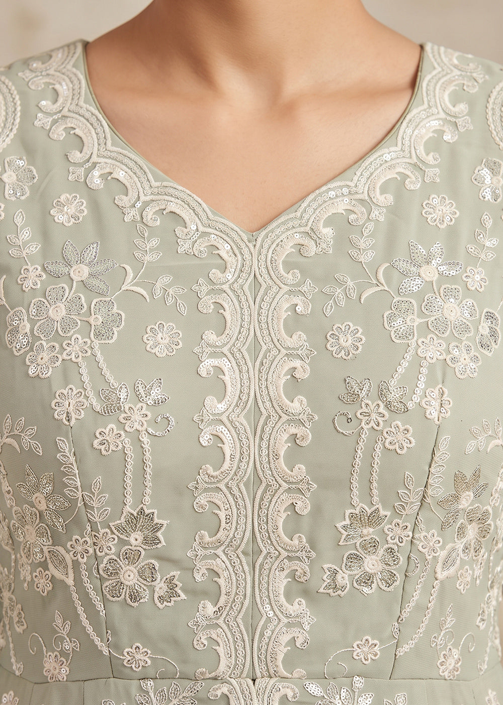 Sage Green Georgette Peplum Gharara Suit Set with Ivory Floral Zari Embroidery