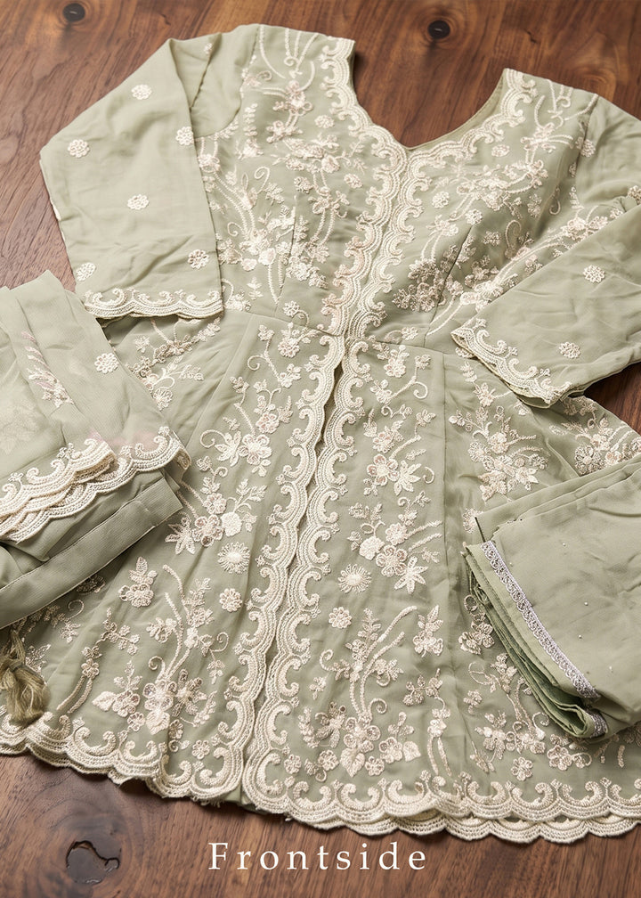 Sage Green Georgette Peplum Gharara Suit Set with Ivory Floral Zari Embroidery