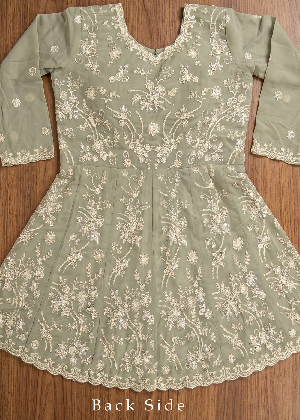 Sage Green Georgette Peplum Gharara Suit Set with Ivory Floral Zari Embroidery