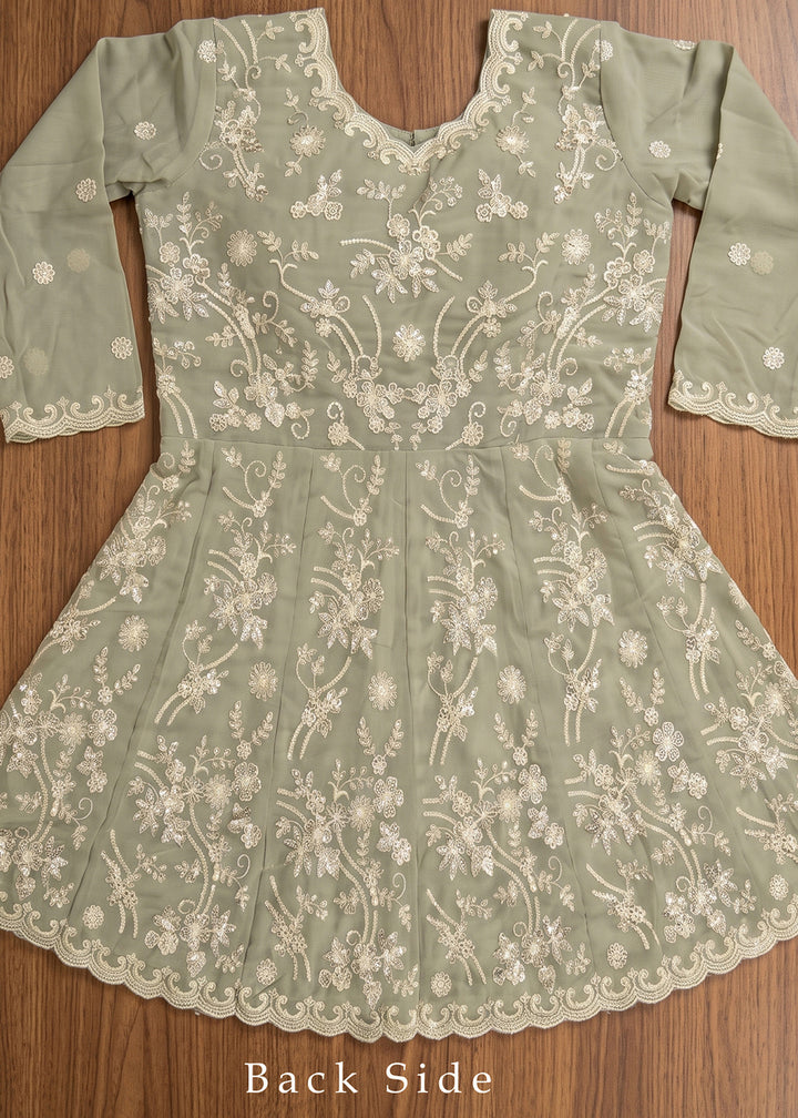 Sage Green Georgette Peplum Gharara Suit Set with Ivory Floral Zari Embroidery