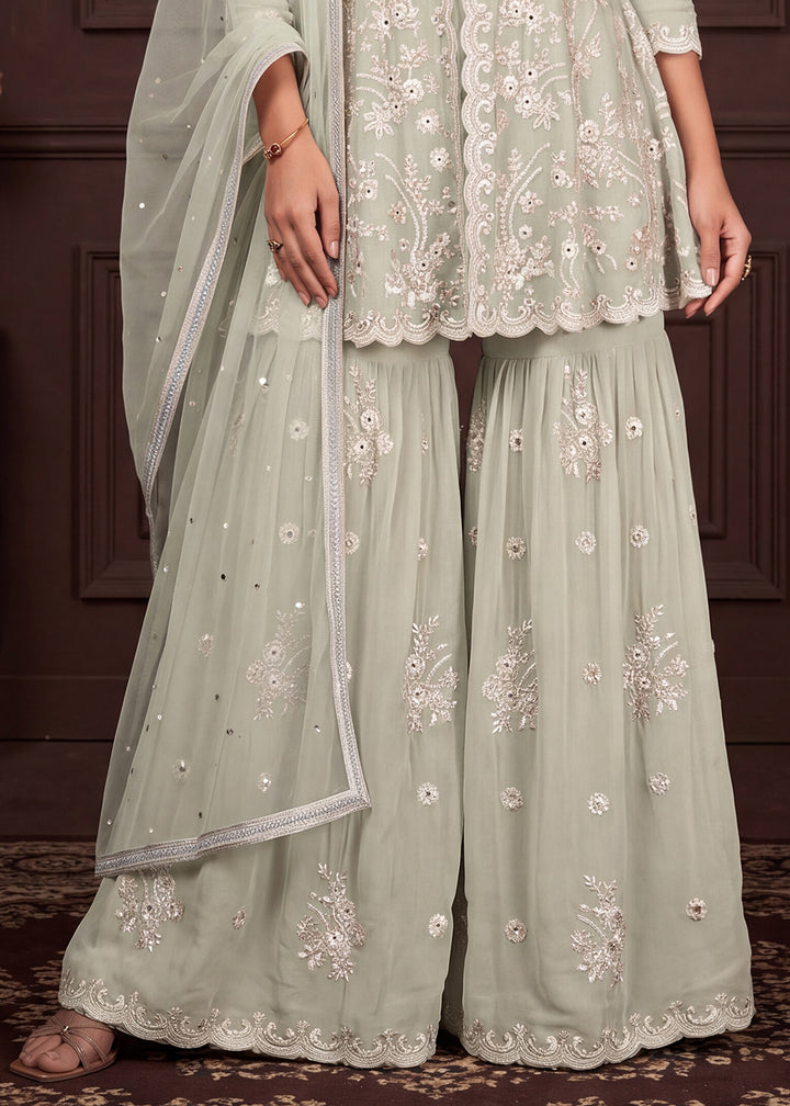 Sage Green Georgette Peplum Gharara Suit Set with Ivory Floral Zari Embroidery