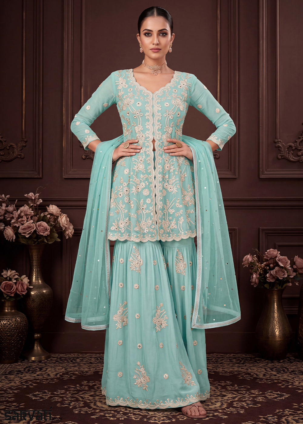 Pastel Aqua Blue Georgette Peplum Gharara Suit Set with Ivory Floral Zari Embroidery