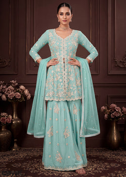 Pastel Aqua Blue Georgette Peplum Gharara Suit Set with Ivory Floral Zari Embroidery