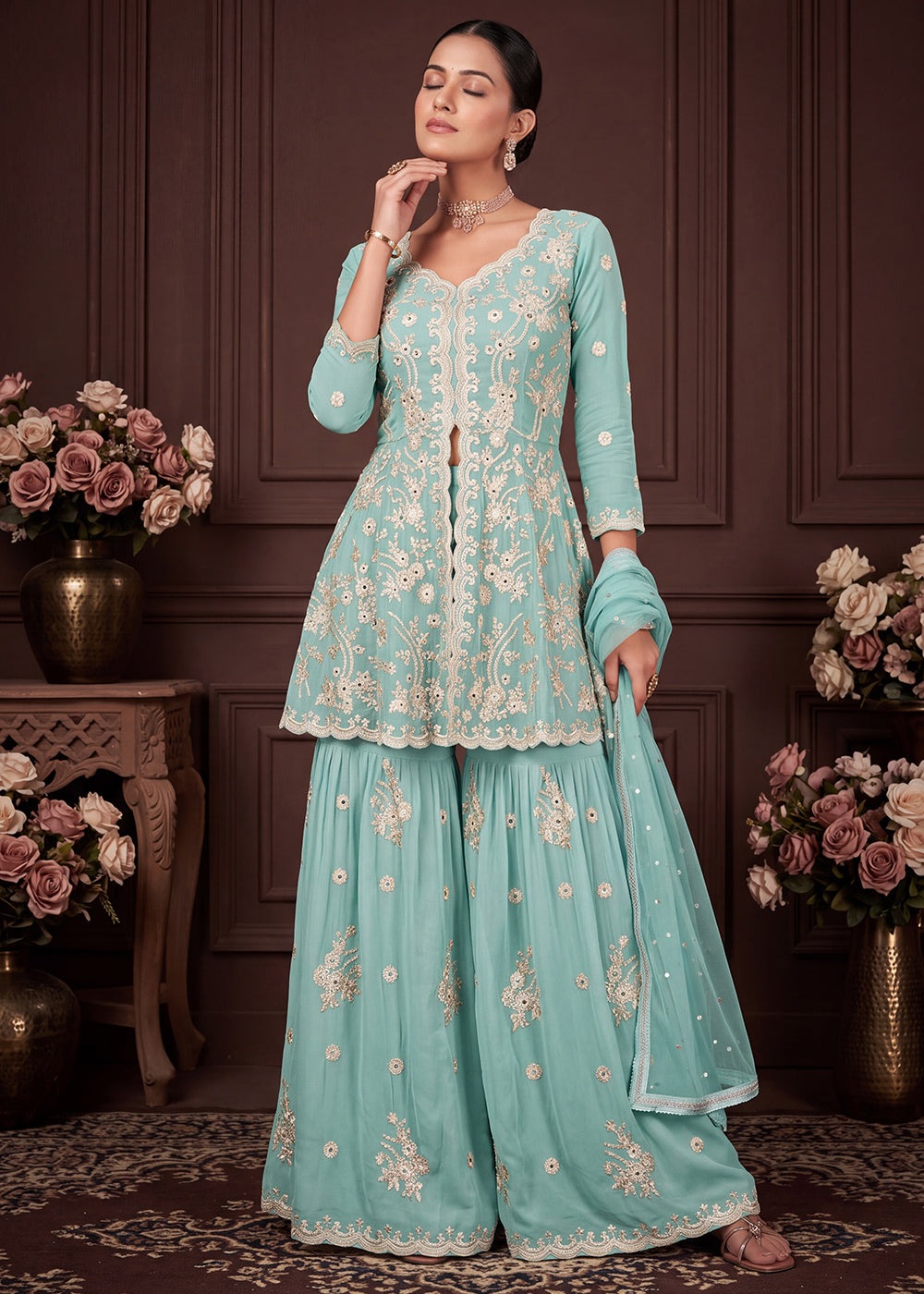 Pastel Aqua Blue Georgette Peplum Gharara Suit Set with Ivory Floral Zari Embroidery