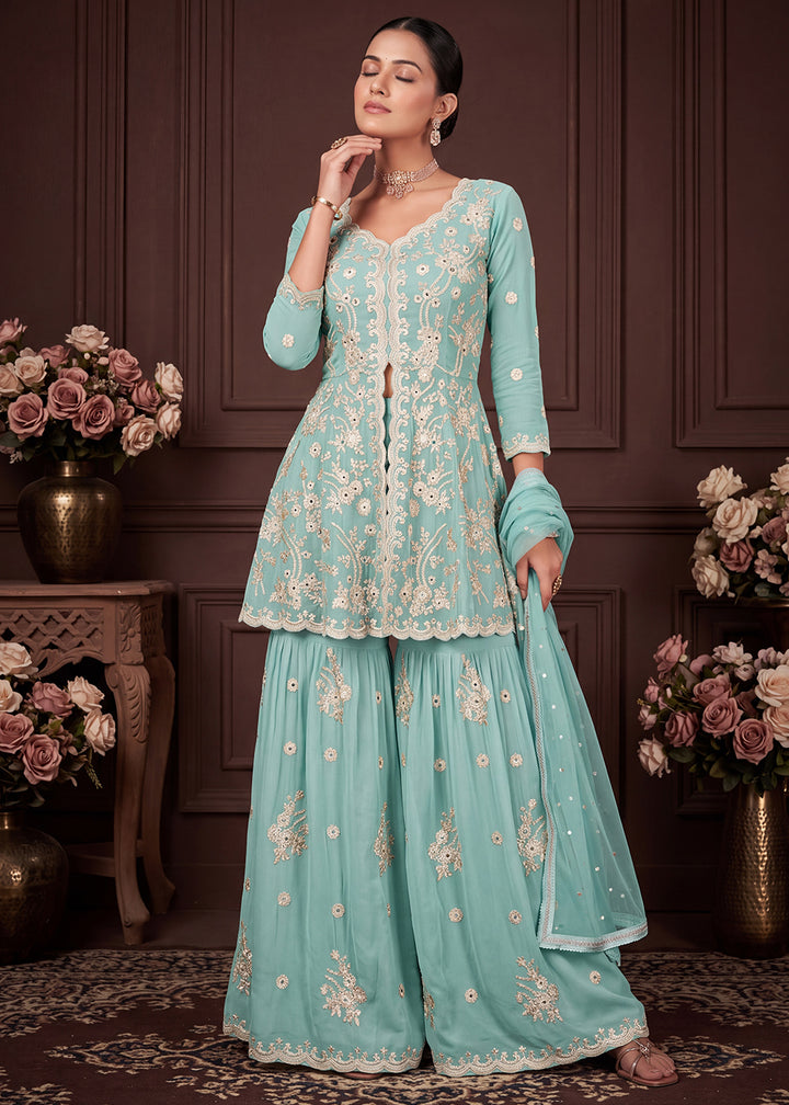Pastel Aqua Blue Georgette Peplum Gharara Suit Set with Ivory Floral Zari Embroidery