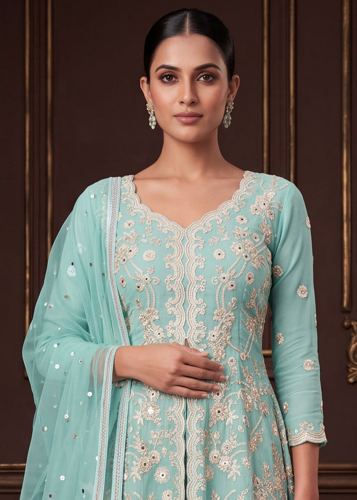 Pastel Aqua Blue Georgette Peplum Gharara Suit Set with Ivory Floral Zari Embroidery