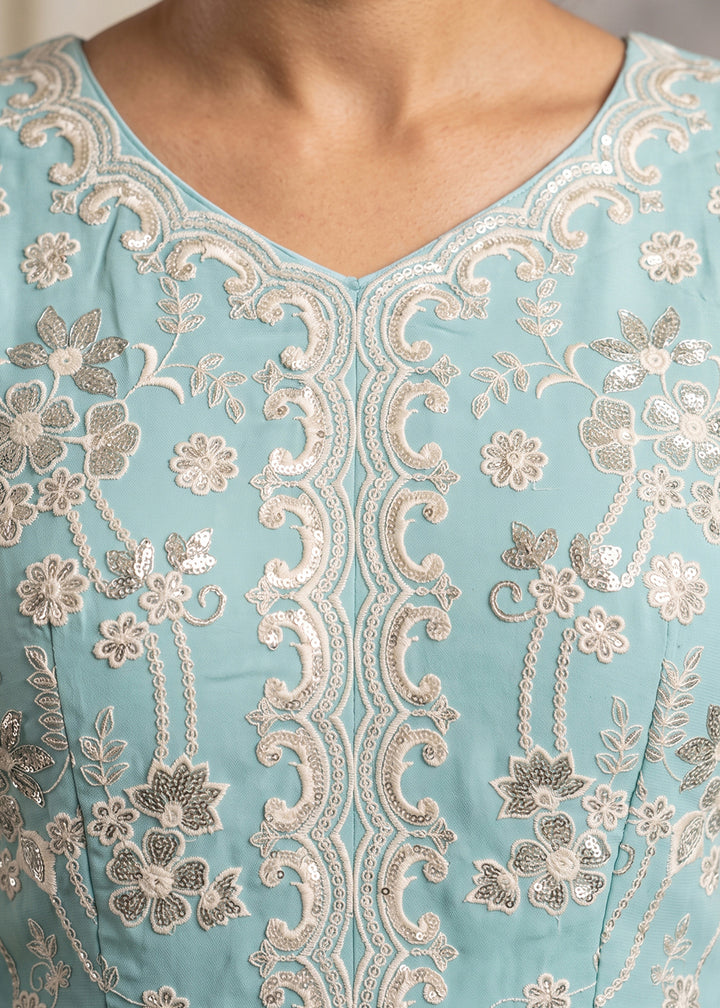 Pastel Aqua Blue Georgette Peplum Gharara Suit Set with Ivory Floral Zari Embroidery