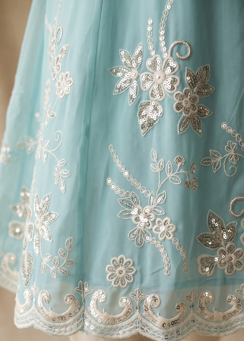 Pastel Aqua Blue Georgette Peplum Gharara Suit Set with Ivory Floral Zari Embroidery