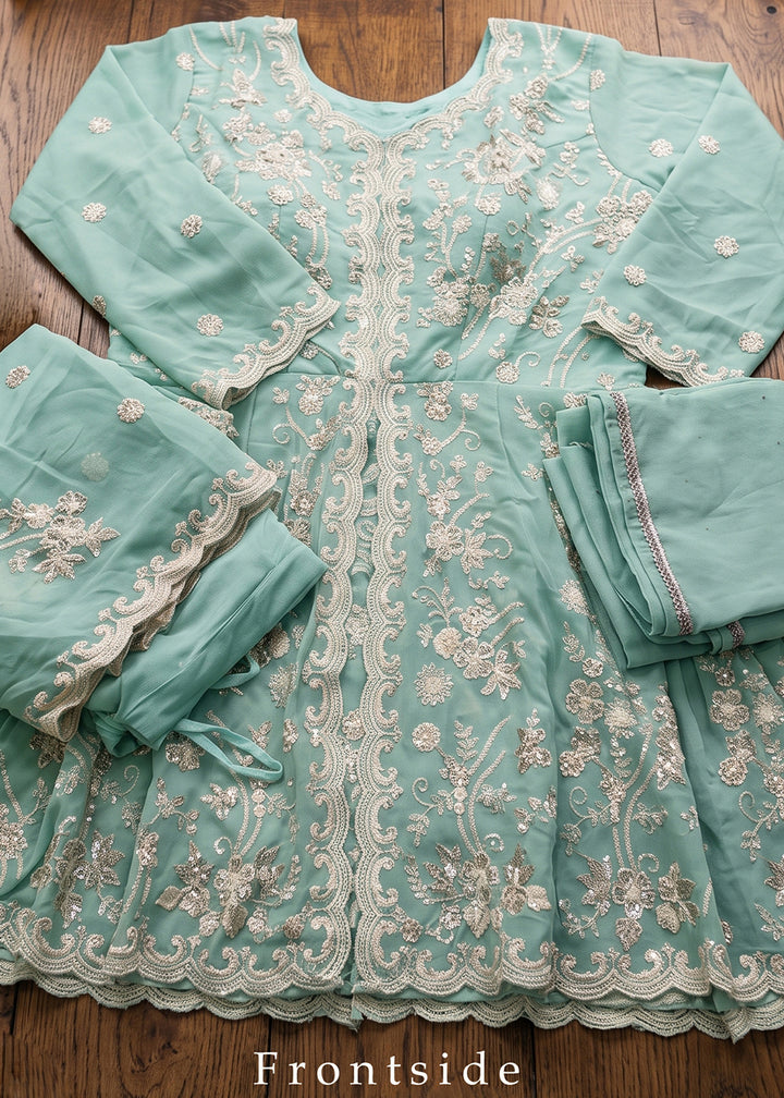 Pastel Aqua Blue Georgette Peplum Gharara Suit Set with Ivory Floral Zari Embroidery