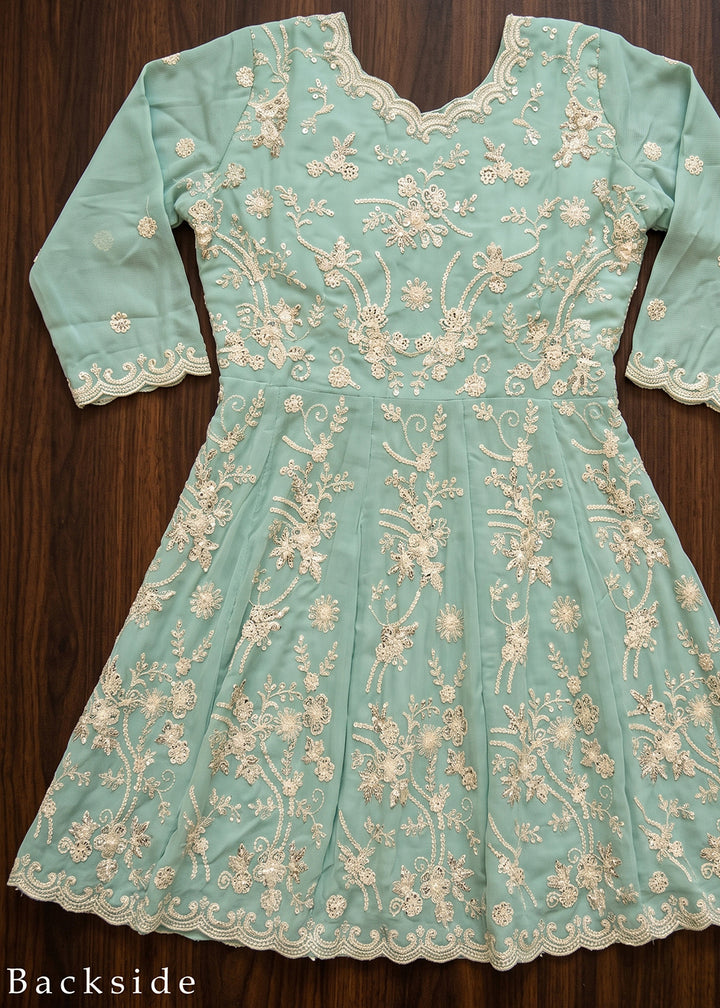Pastel Aqua Blue Georgette Peplum Gharara Suit Set with Ivory Floral Zari Embroidery