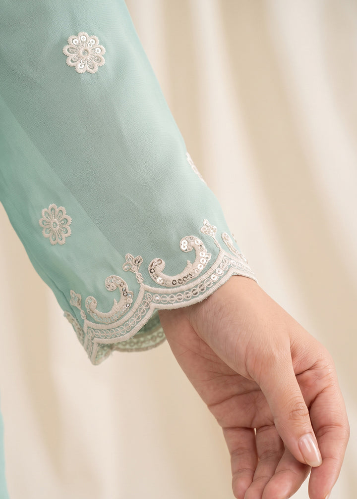 Pastel Aqua Blue Georgette Peplum Gharara Suit Set with Ivory Floral Zari Embroidery