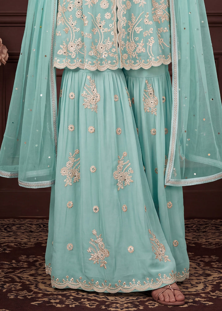 Pastel Aqua Blue Georgette Peplum Gharara Suit Set with Ivory Floral Zari Embroidery