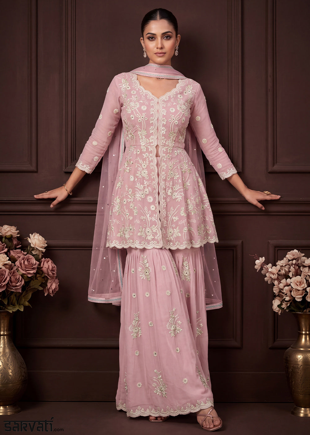 Blush Pink Georgette Peplum Gharara Suit Set with Ivory Floral Zari Embroidery