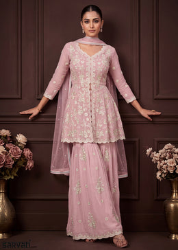 Blush Pink Georgette Peplum Gharara Suit Set with Ivory Floral Zari Embroidery