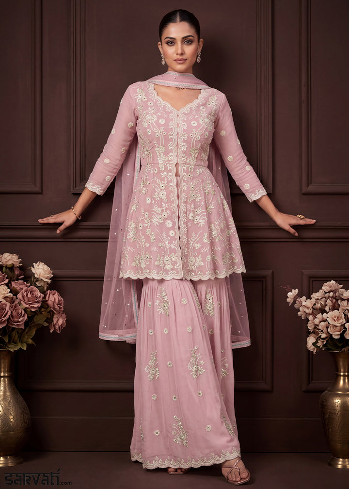 Blush Pink Georgette Peplum Gharara Suit Set with Ivory Floral Zari Embroidery