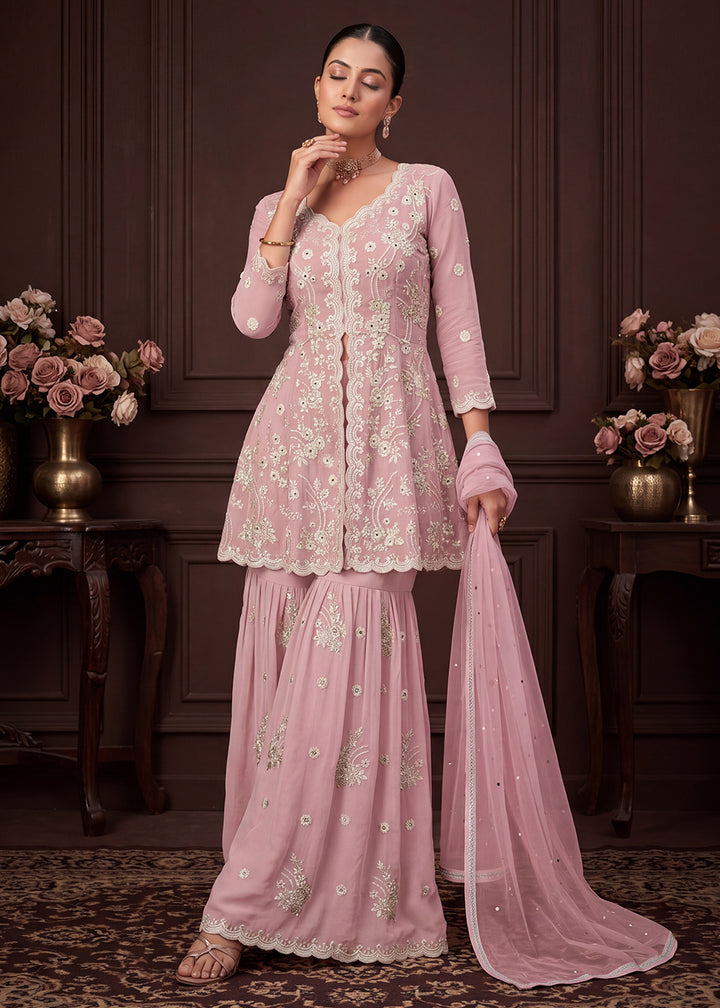 Blush Pink Georgette Peplum Gharara Suit Set with Ivory Floral Zari Embroidery
