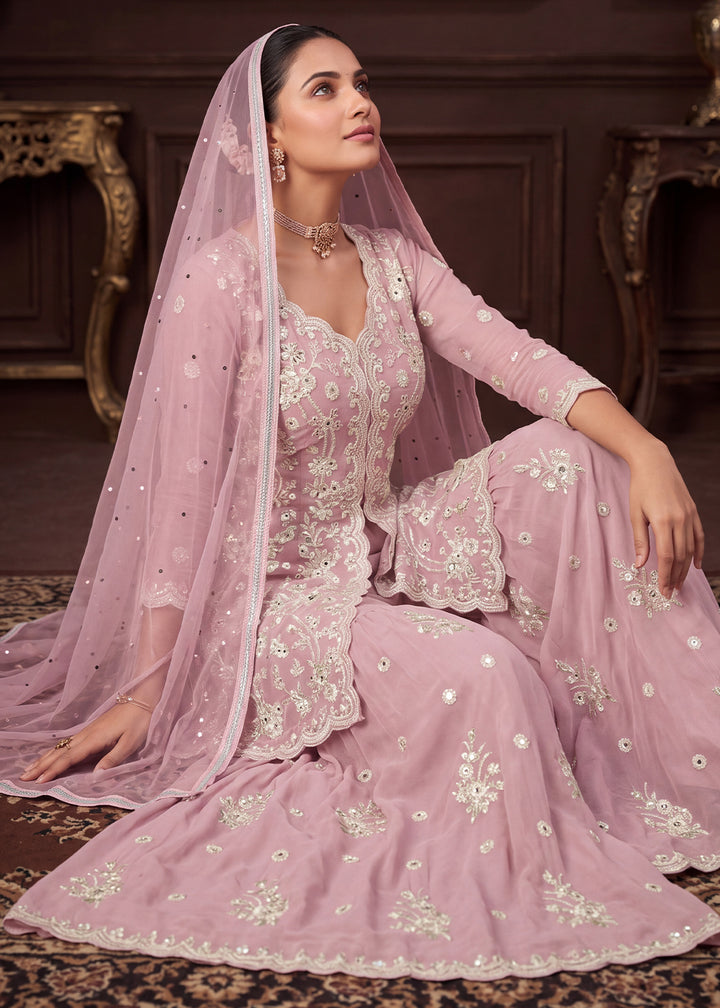 Blush Pink Georgette Peplum Gharara Suit Set with Ivory Floral Zari Embroidery