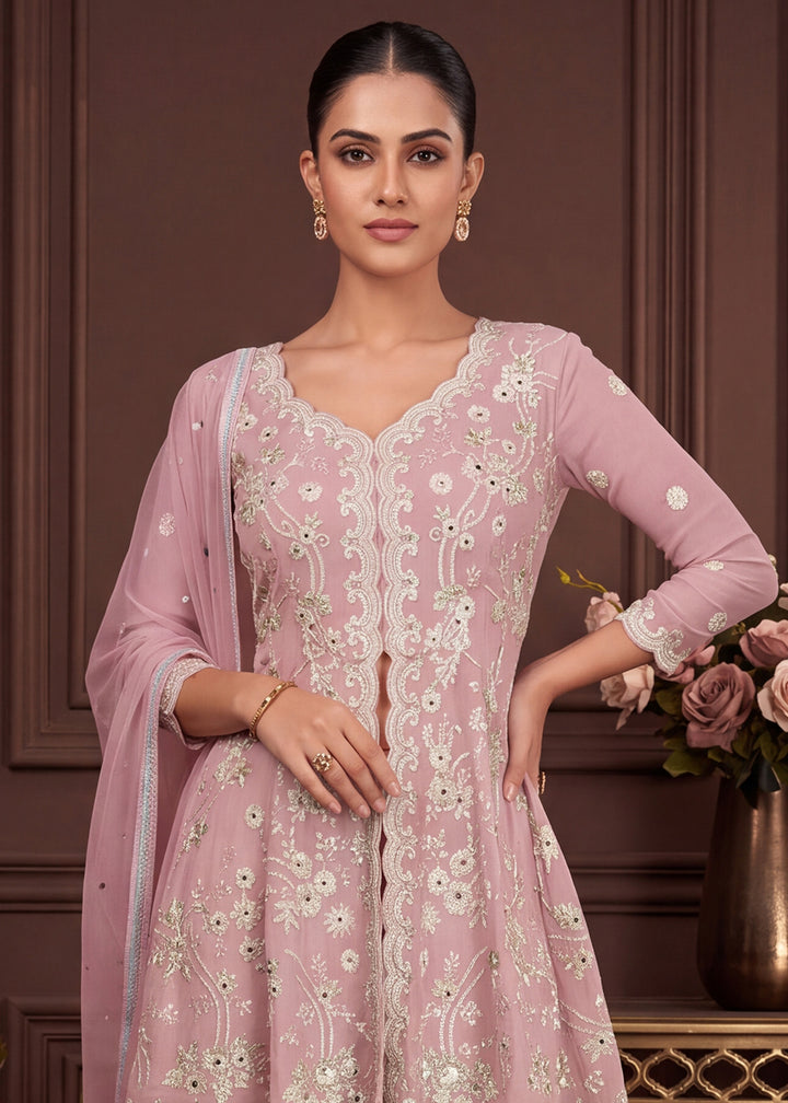 Blush Pink Georgette Peplum Gharara Suit Set with Ivory Floral Zari Embroidery