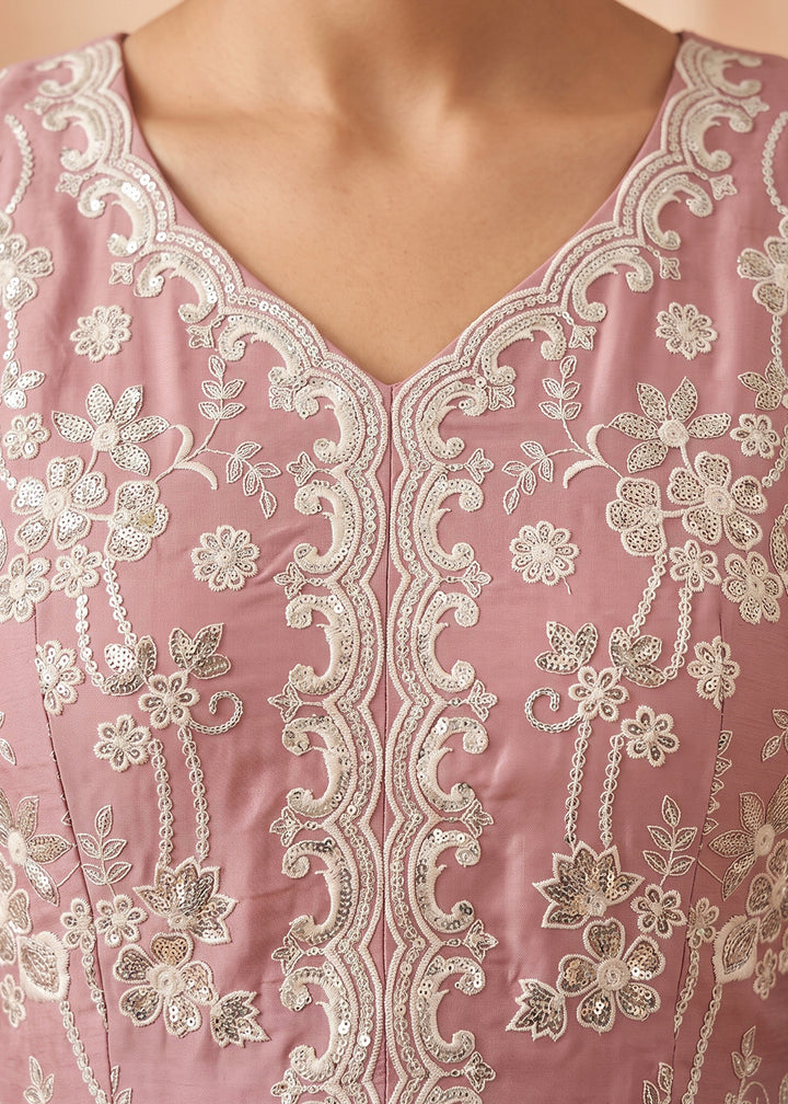 Blush Pink Georgette Peplum Gharara Suit Set with Ivory Floral Zari Embroidery