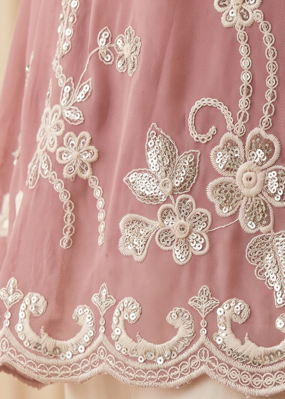 Blush Pink Georgette Peplum Gharara Suit Set with Ivory Floral Zari Embroidery