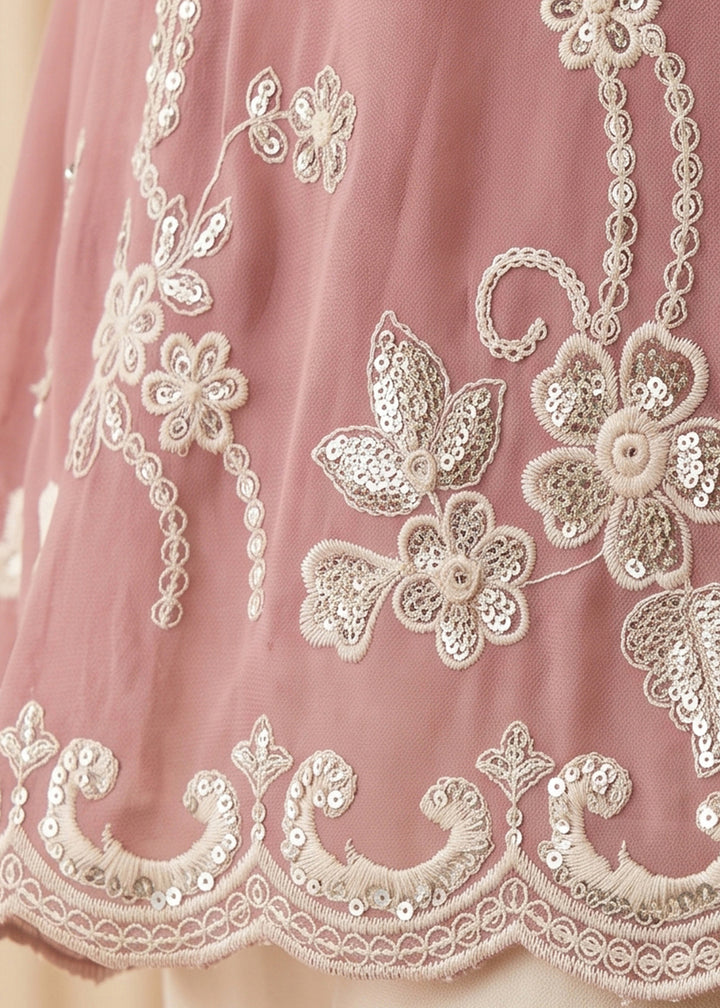 Blush Pink Georgette Peplum Gharara Suit Set with Ivory Floral Zari Embroidery