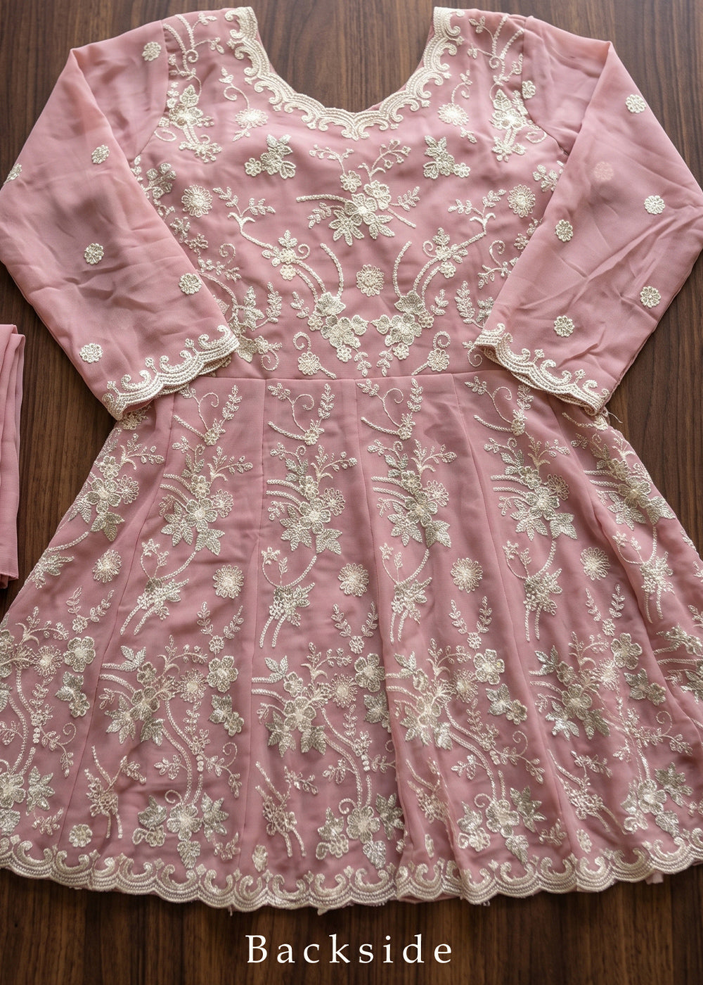 Blush Pink Georgette Peplum Gharara Suit Set with Ivory Floral Zari Embroidery