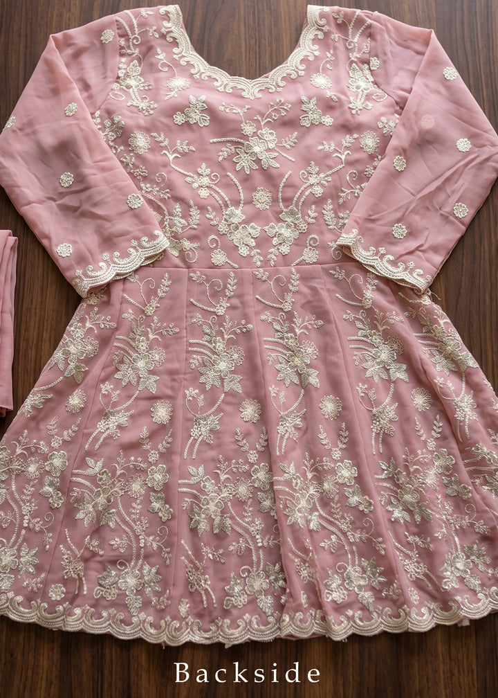 Blush Pink Georgette Peplum Gharara Suit Set with Ivory Floral Zari Embroidery