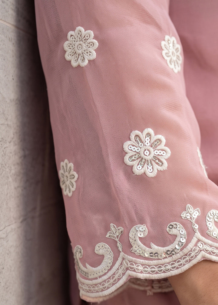 Blush Pink Georgette Peplum Gharara Suit Set with Ivory Floral Zari Embroidery
