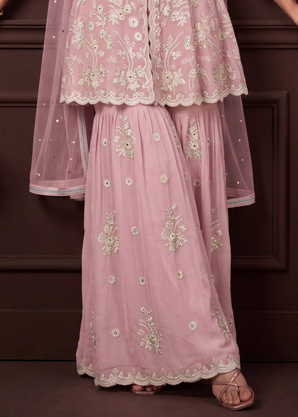 Blush Pink Georgette Peplum Gharara Suit Set with Ivory Floral Zari Embroidery
