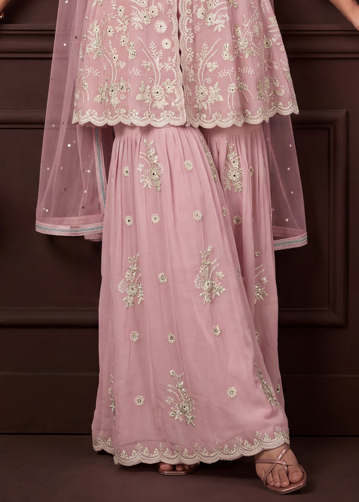 Blush Pink Georgette Peplum Gharara Suit Set with Ivory Floral Zari Embroidery