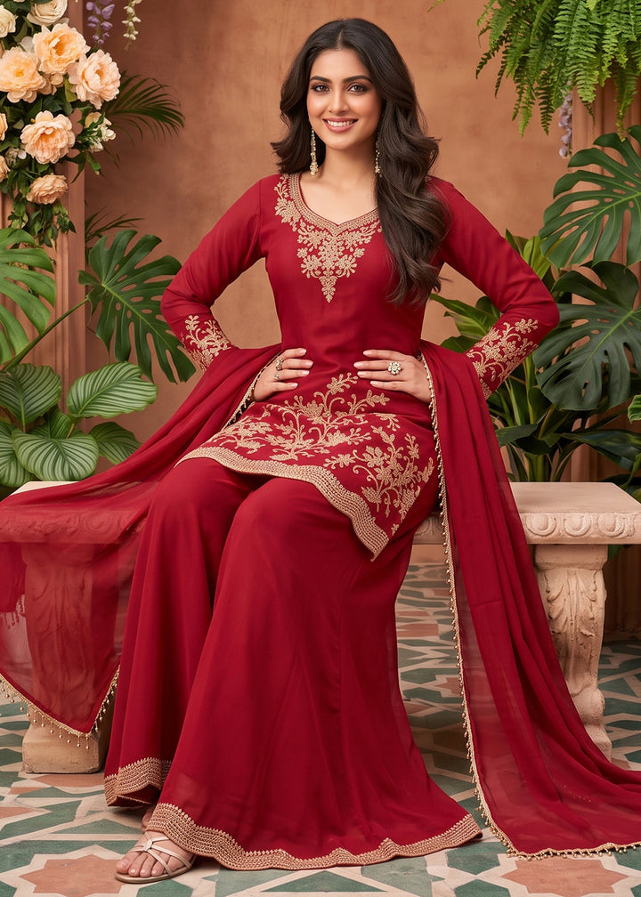 Scarlet Red Chinon Silk Palazzo Suit with Floral Bead Embroidery