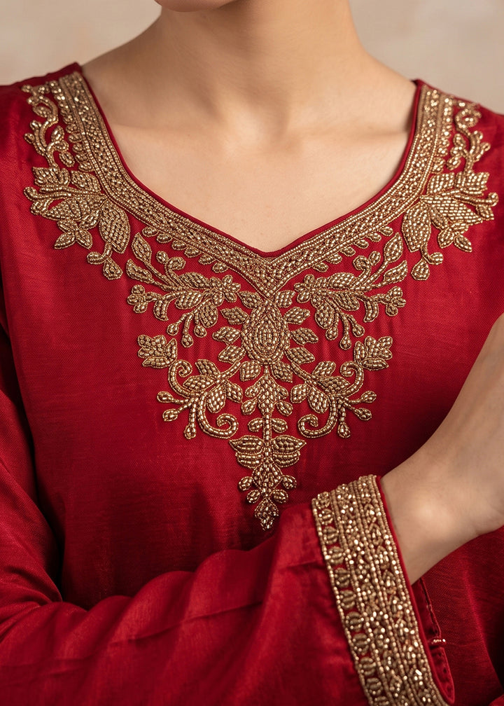 Scarlet Red Chinon Silk Palazzo Suit with Floral Bead Embroidery