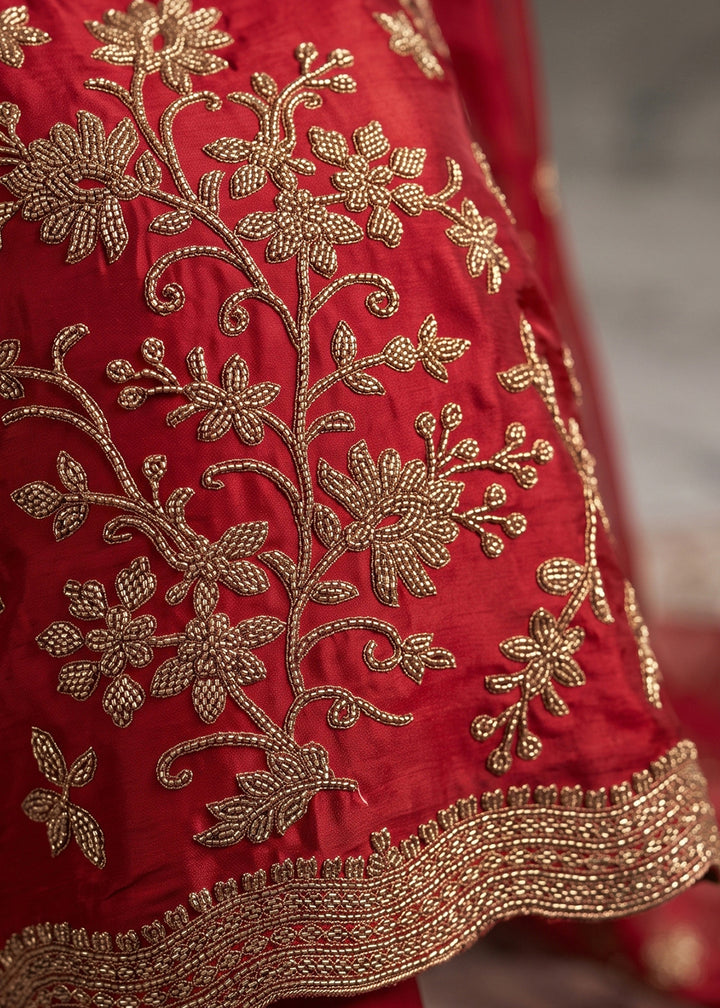 Scarlet Red Chinon Silk Palazzo Suit with Floral Bead Embroidery