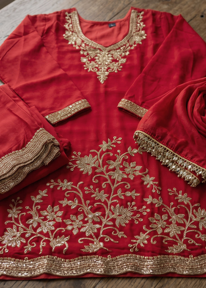 Scarlet Red Chinon Silk Palazzo Suit with Floral Bead Embroidery