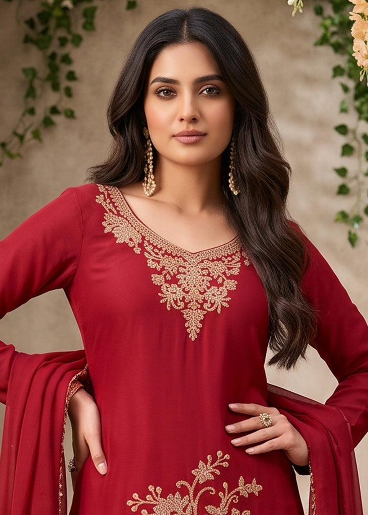 Scarlet Red Chinon Silk Palazzo Suit with Floral Bead Embroidery