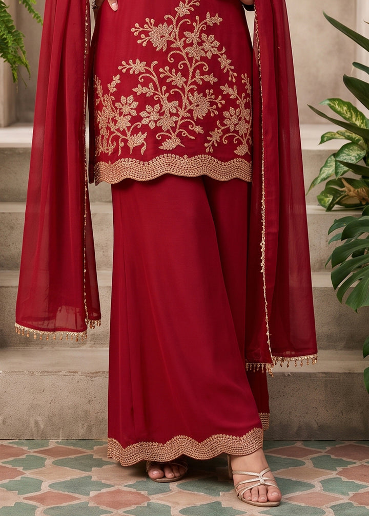 Scarlet Red Chinon Silk Palazzo Suit with Floral Bead Embroidery