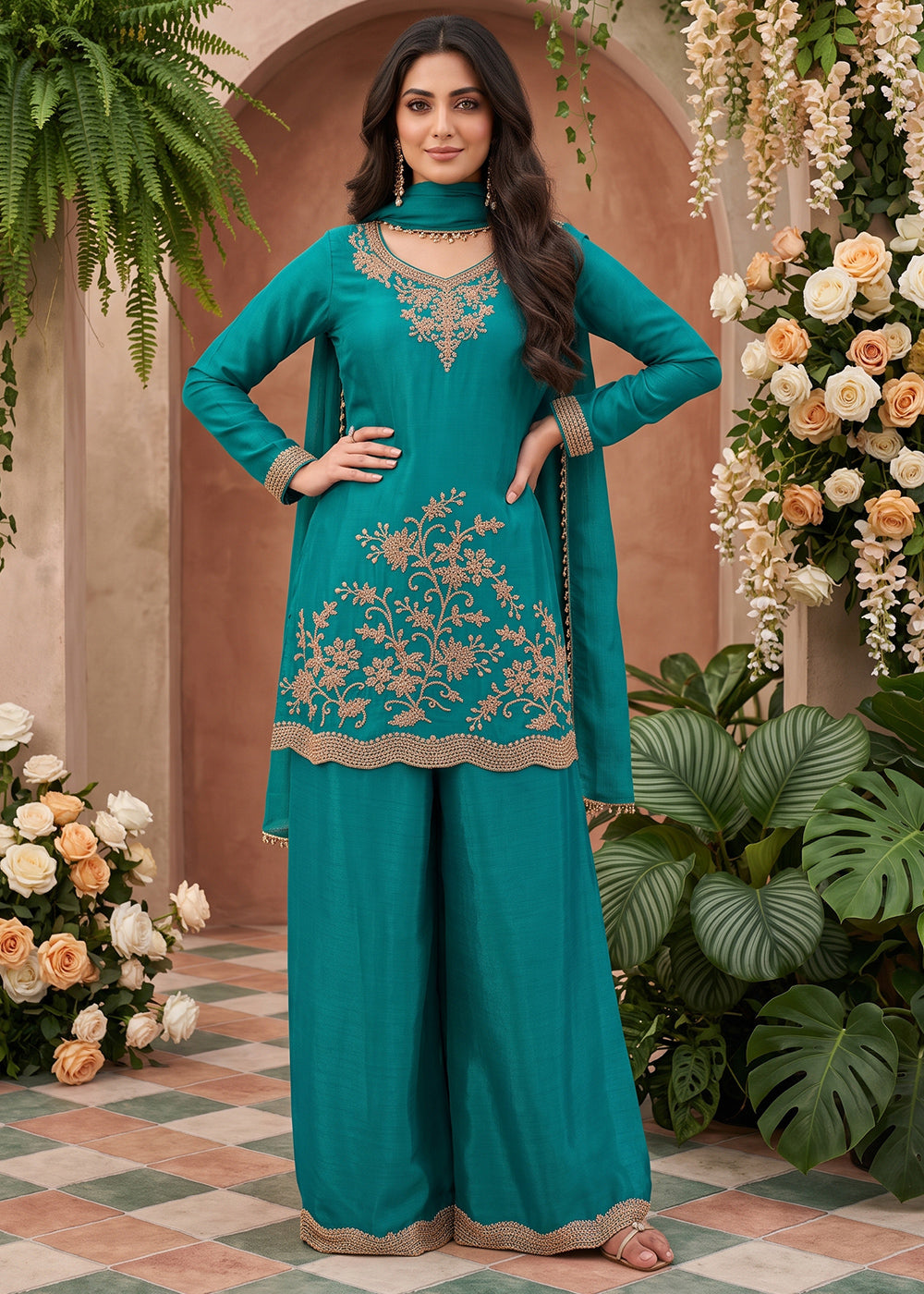 Pacific Blue Chinon Silk Palazzo Suit with Floral Bead Embroidery