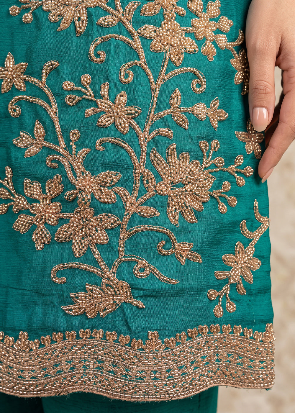 Pacific Blue Chinon Silk Palazzo Suit with Floral Bead Embroidery