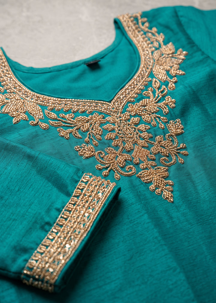 Pacific Blue Chinon Silk Palazzo Suit with Floral Bead Embroidery