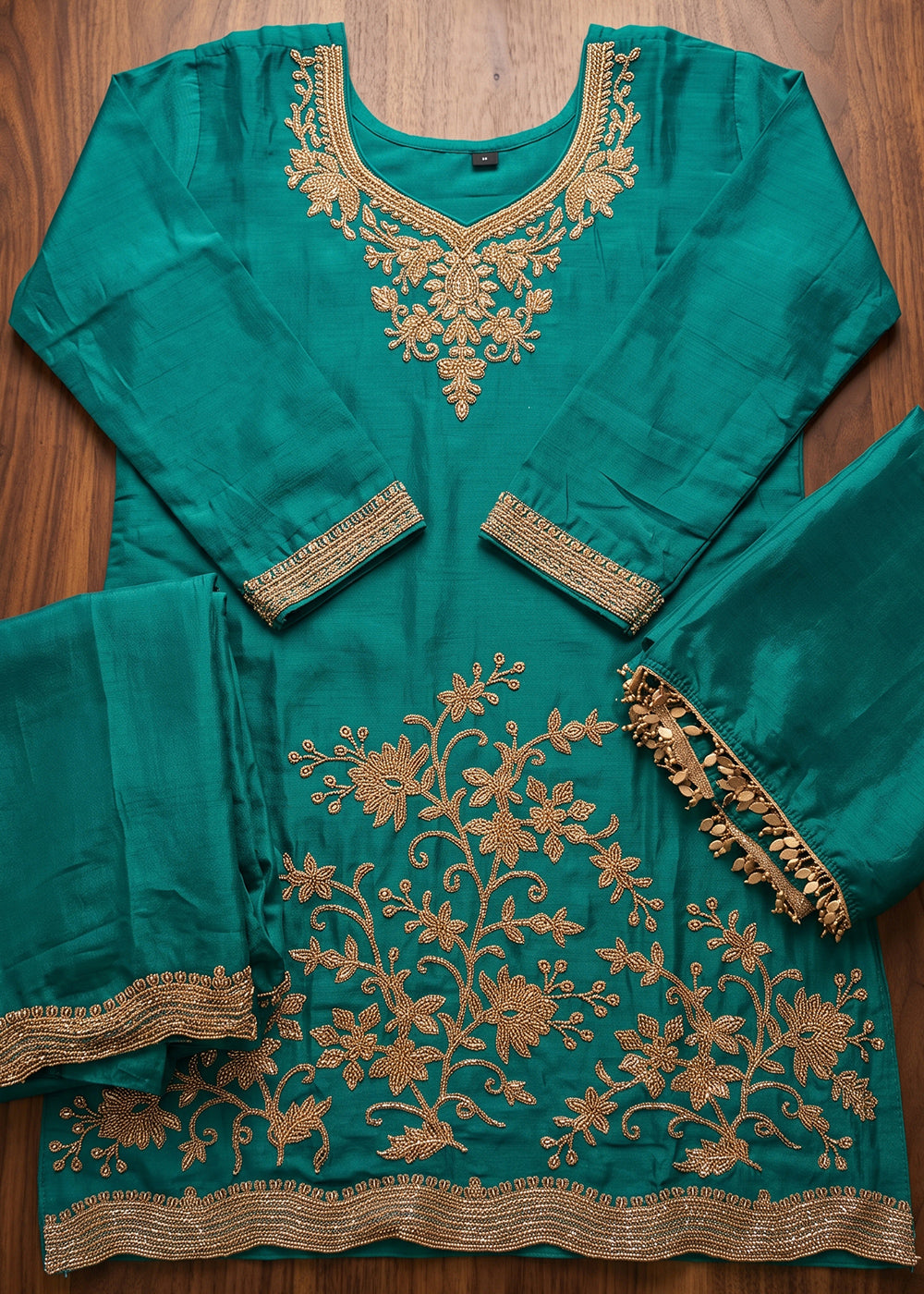 Pacific Blue Chinon Silk Palazzo Suit with Floral Bead Embroidery