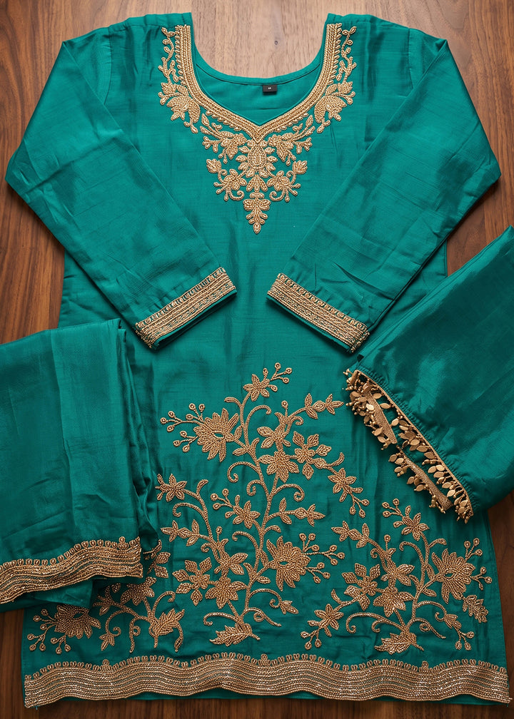 Pacific Blue Chinon Silk Palazzo Suit with Floral Bead Embroidery