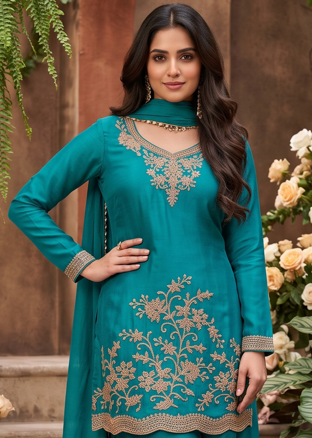 Pacific Blue Chinon Silk Palazzo Suit with Floral Bead Embroidery