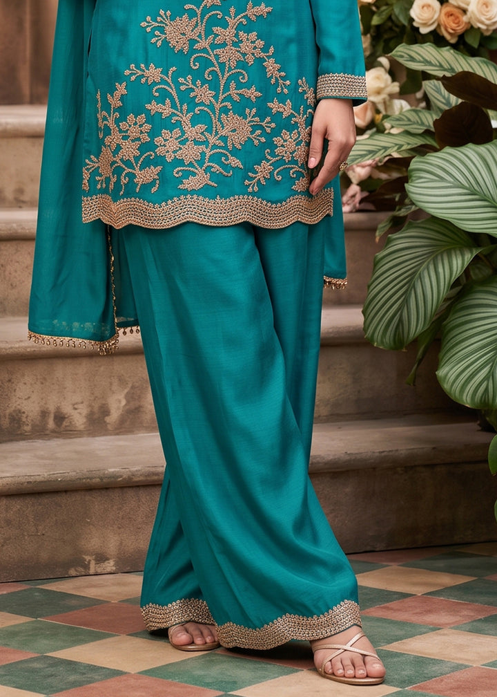 Pacific Blue Chinon Silk Palazzo Suit with Floral Bead Embroidery