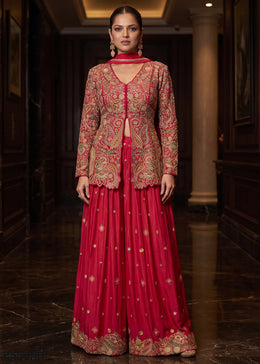Magenta Chinon Silk High-Slit Palazzo Suit Set with Zari, Sequin & Stone Embroidery
