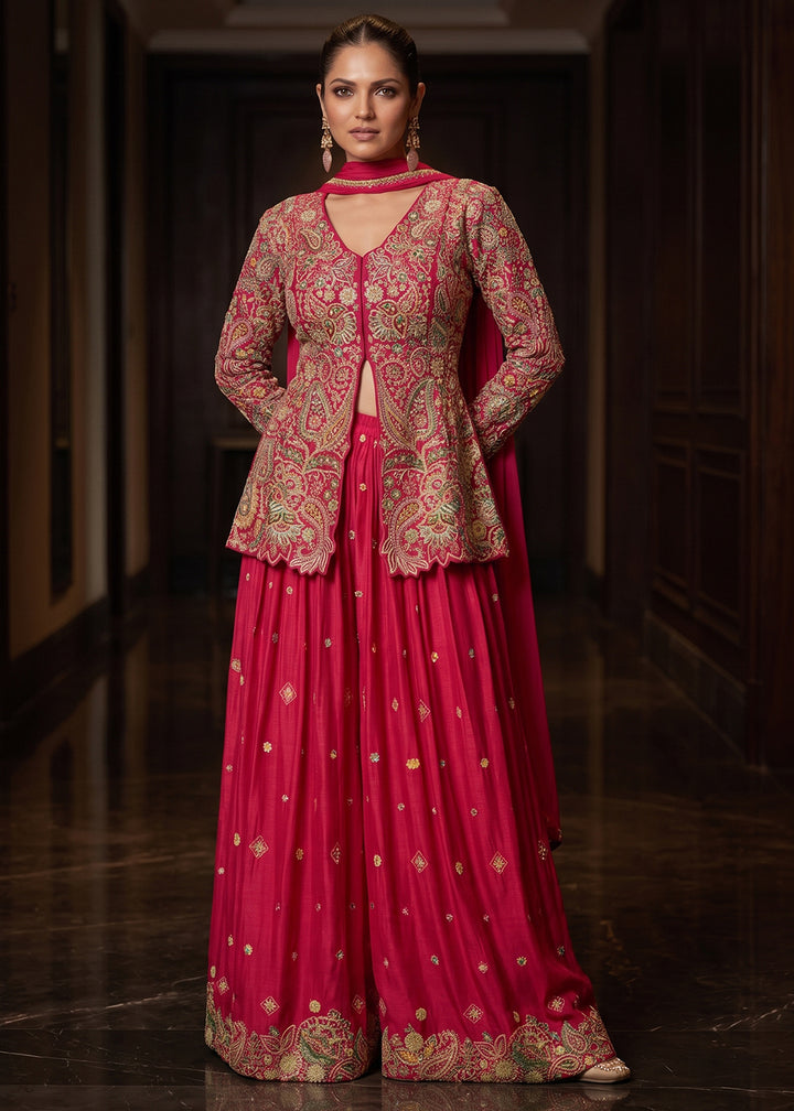 Magenta Chinon Silk High-Slit Palazzo Suit Set with Zari, Sequin &amp; Stone Embroidery